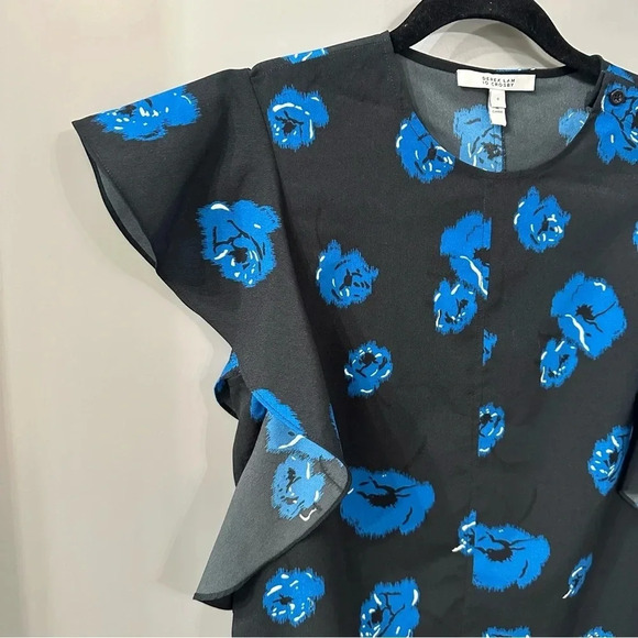 Derek Lam 10 Crosby Blouse Black and Blue Floral Print Ruffle Sleeve Size 0 - Picture 5 of 6